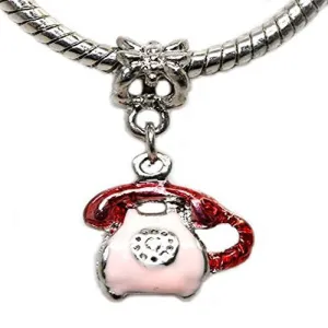 Pink Enamel Telephone Dangle Bead European Bead Compatible for Most European Snake Chain Charm Bracelet