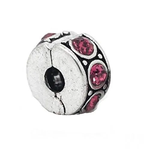 Pink Rhinestone Clip & Lock Bail Bead Charm Spacer For Snake Chain Bracelet