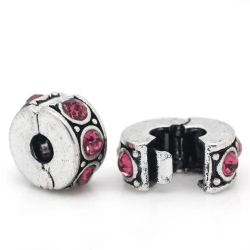 Pink Rhinestone Clip & Lock Bail Bead Charm Spacer For Snake Chain Bracelet