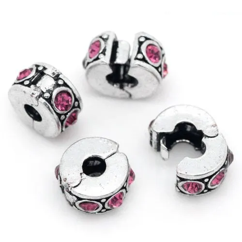 Pink Rhinestone Clip & Lock Bail Bead Charm Spacer For Snake Chain Bracelet