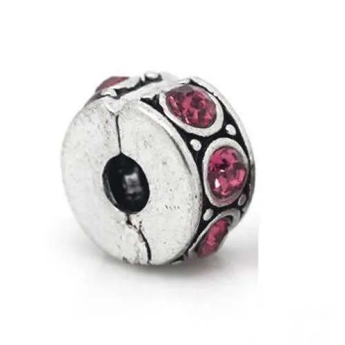 Pink Rhinestone Clip & Lock Bail Bead Charm Spacer For Snake Chain Bracelet