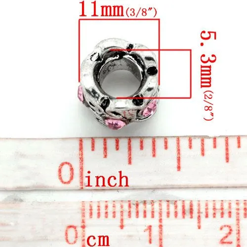 Pink  Rhinestone Spacer Charm Compatible with European Snake Chain Charm Bracelet