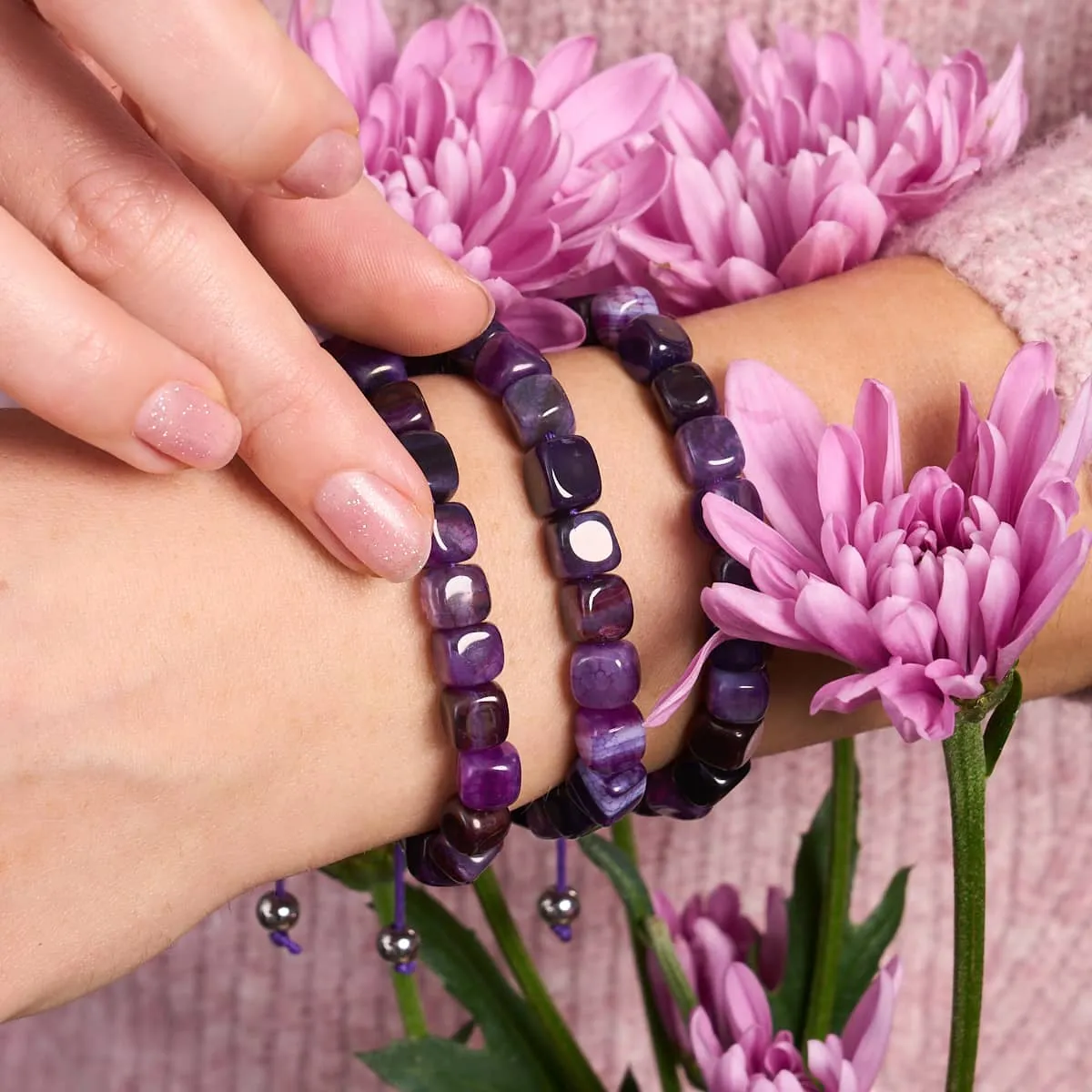 Purple Agate | Silver | Gemstone Pebble Macrame Bracelet