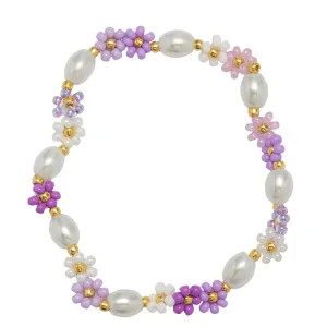 Purple, Lavender Flower & Pearl Beaded Bracelet