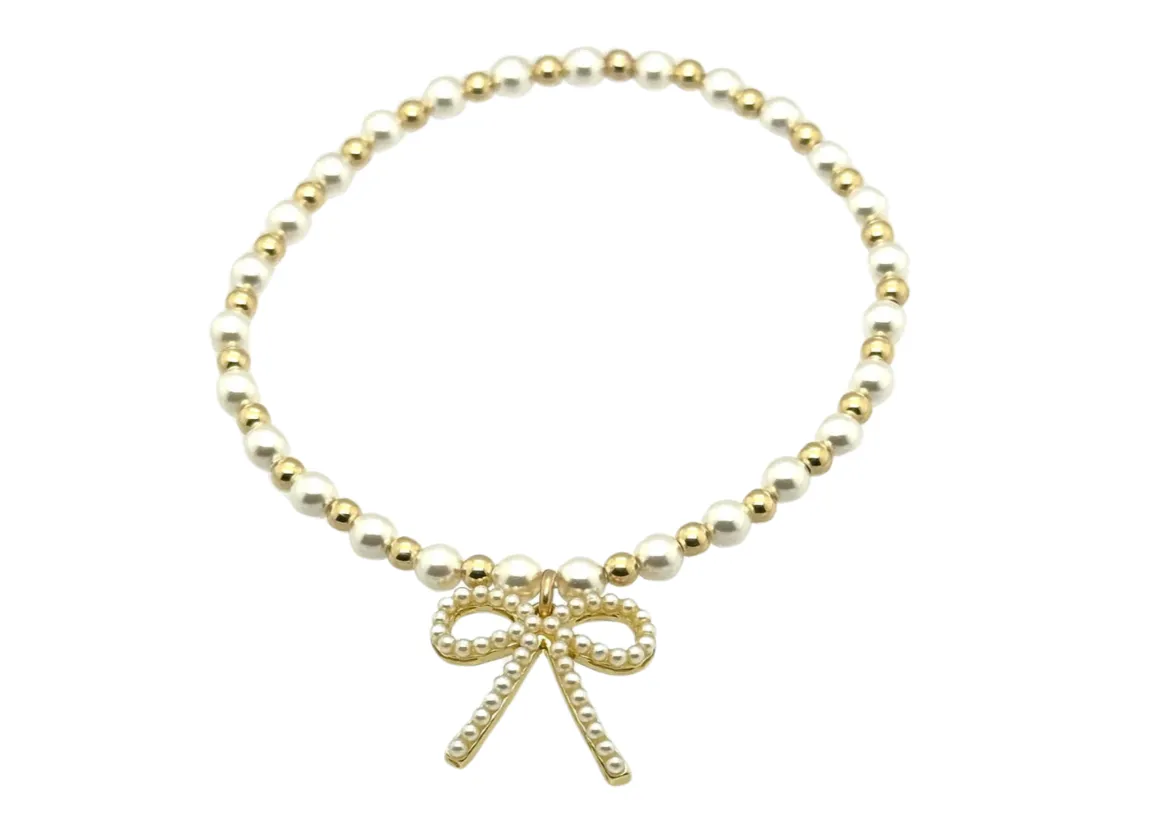 "MAY   FWP BOW" Charm Gold Filled & Pearl Beaded Bracelet