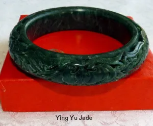 "Mei" Beautiful Flowers Dynasty Carved Deep Green Jade Bangle 58.5mm (DC125)