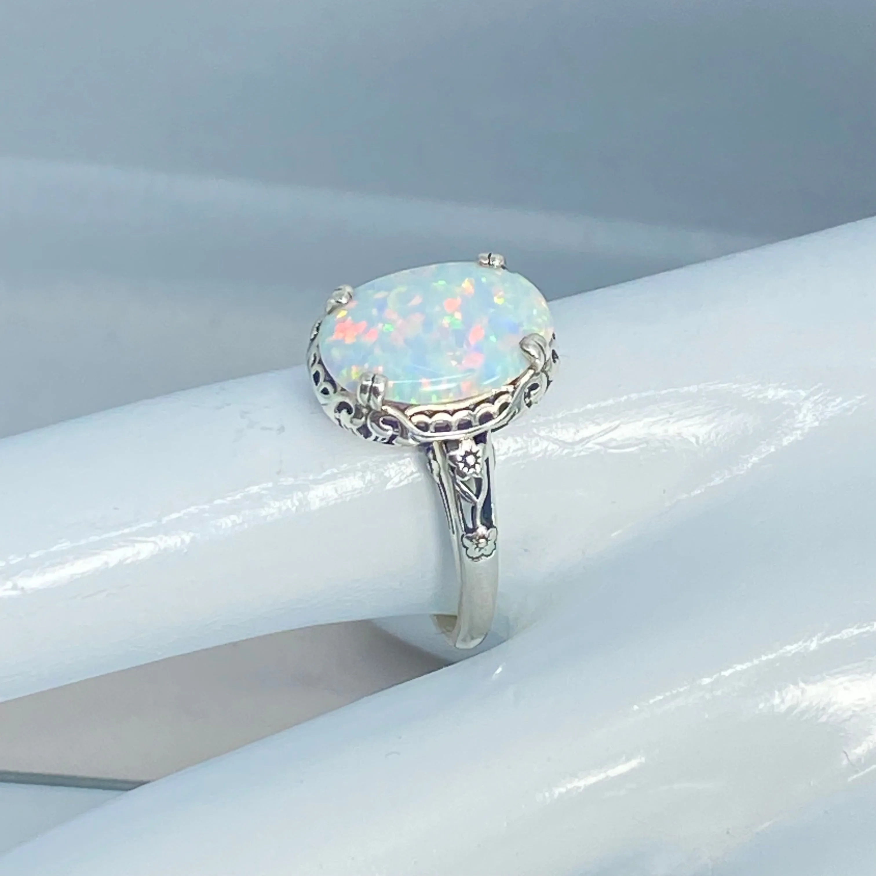 Rainbow White Opal Ring, Size 8, Revival Edwardian Jewelry #D70 - Ready to Ship