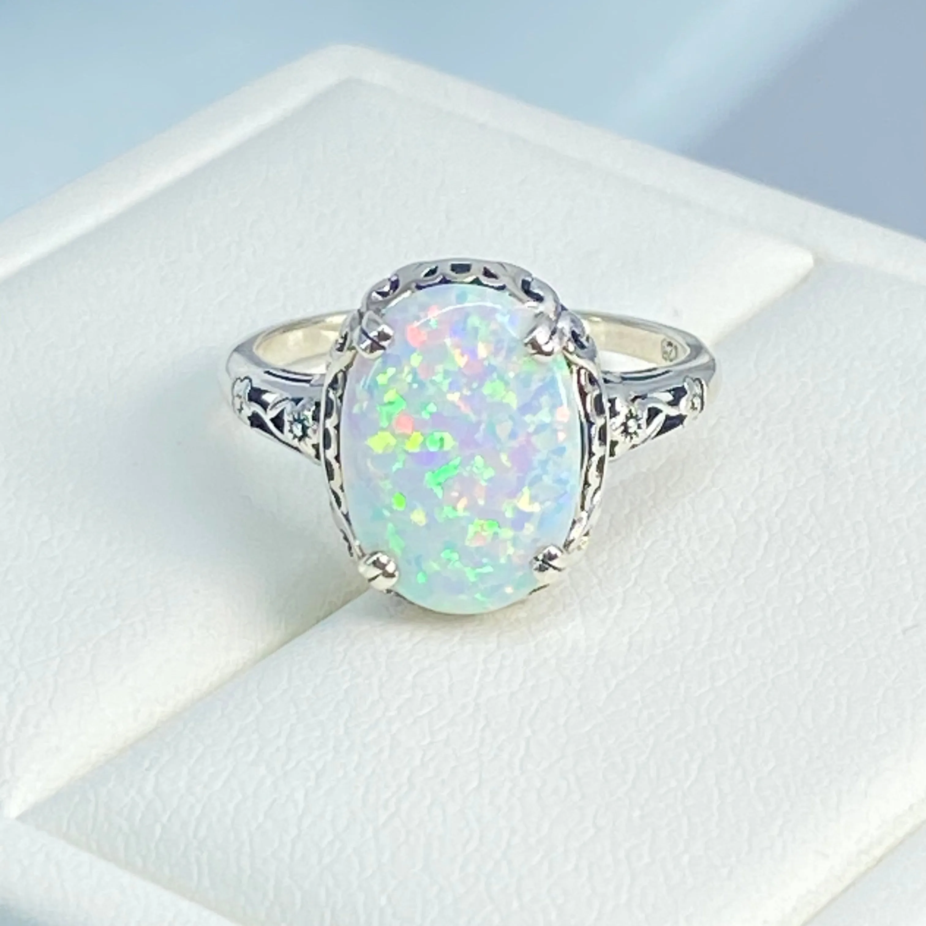 Rainbow White Opal Ring, Size 8, Revival Edwardian Jewelry #D70 - Ready to Ship
