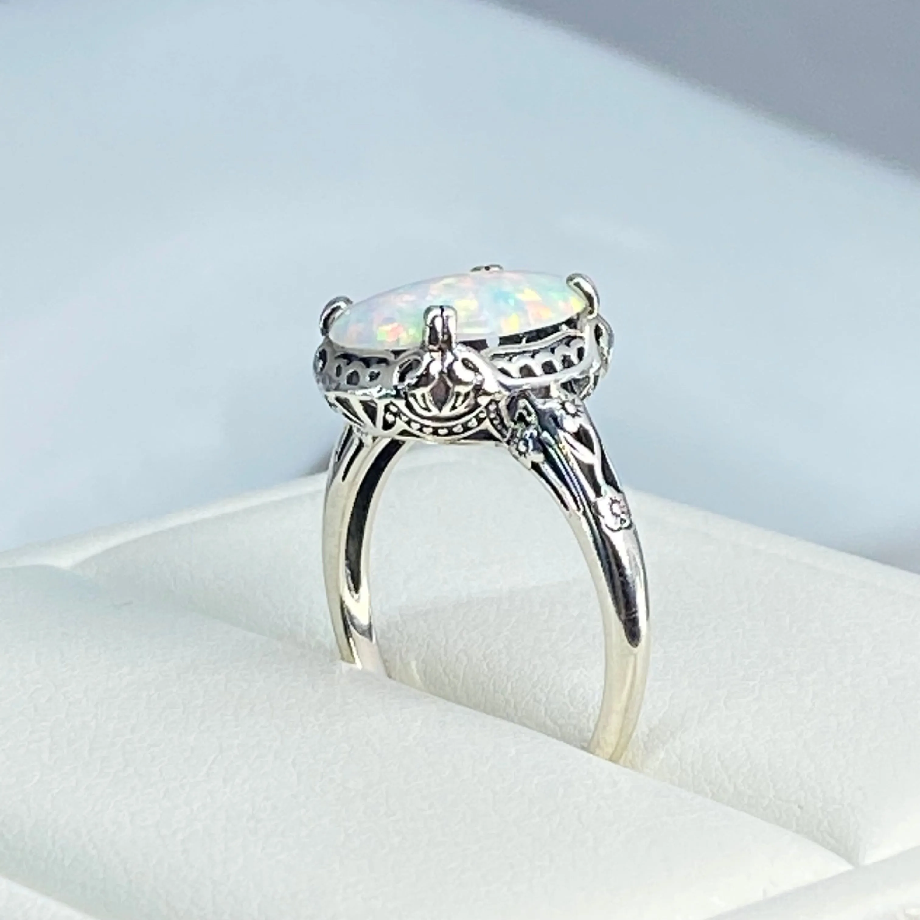 Rainbow White Opal Ring, Size 8, Revival Edwardian Jewelry #D70 - Ready to Ship
