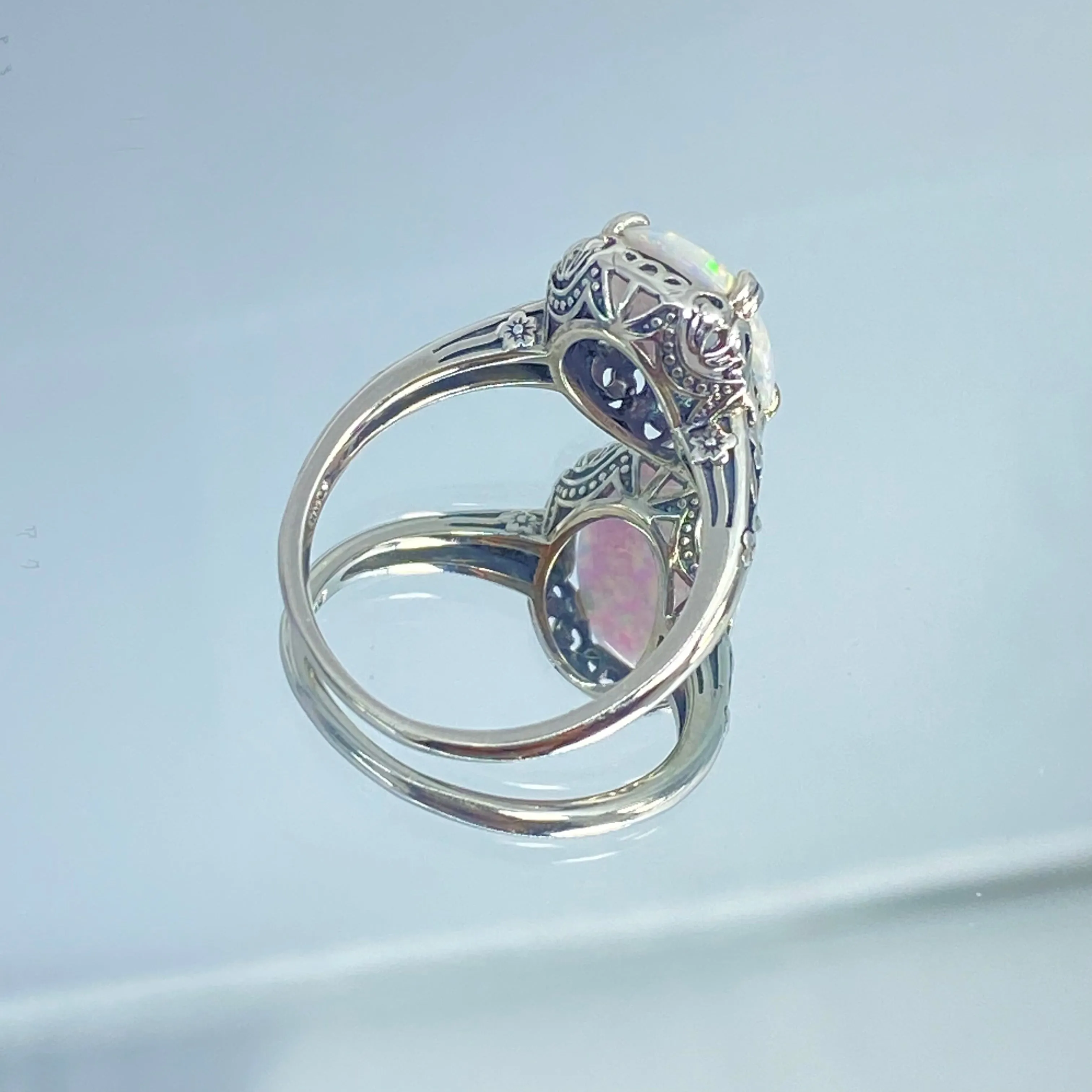 Rainbow White Opal Ring, Size 8, Revival Edwardian Jewelry #D70 - Ready to Ship