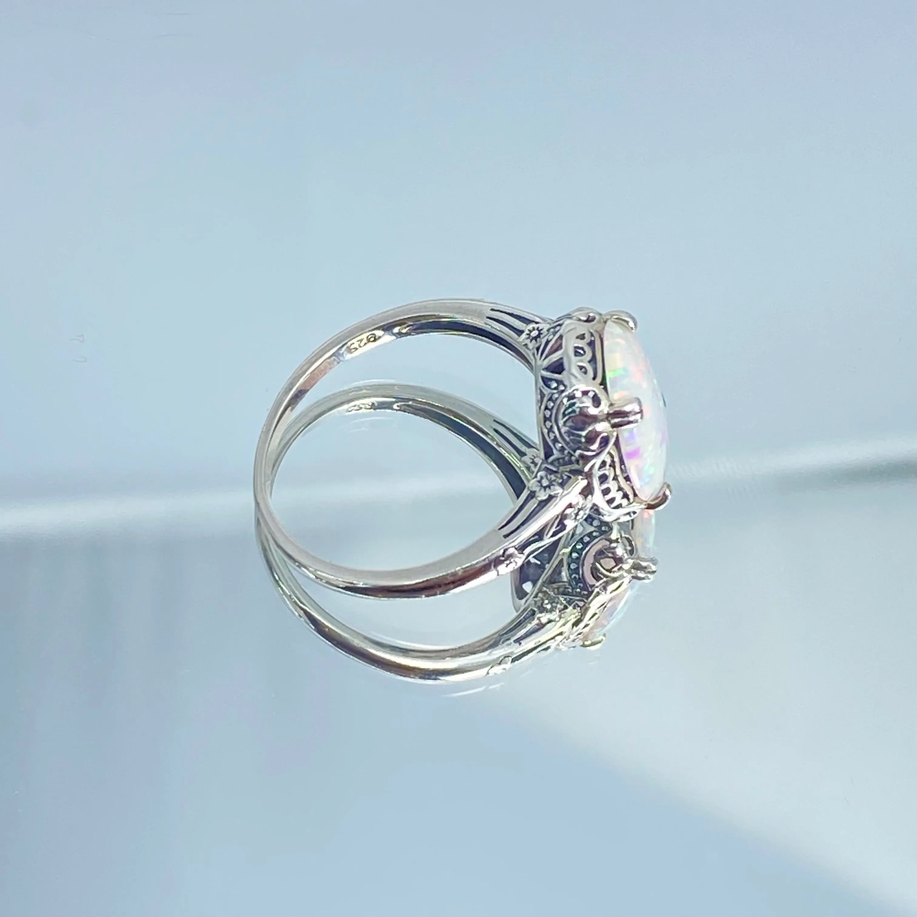 Rainbow White Opal Ring, Size 8, Revival Edwardian Jewelry #D70 - Ready to Ship