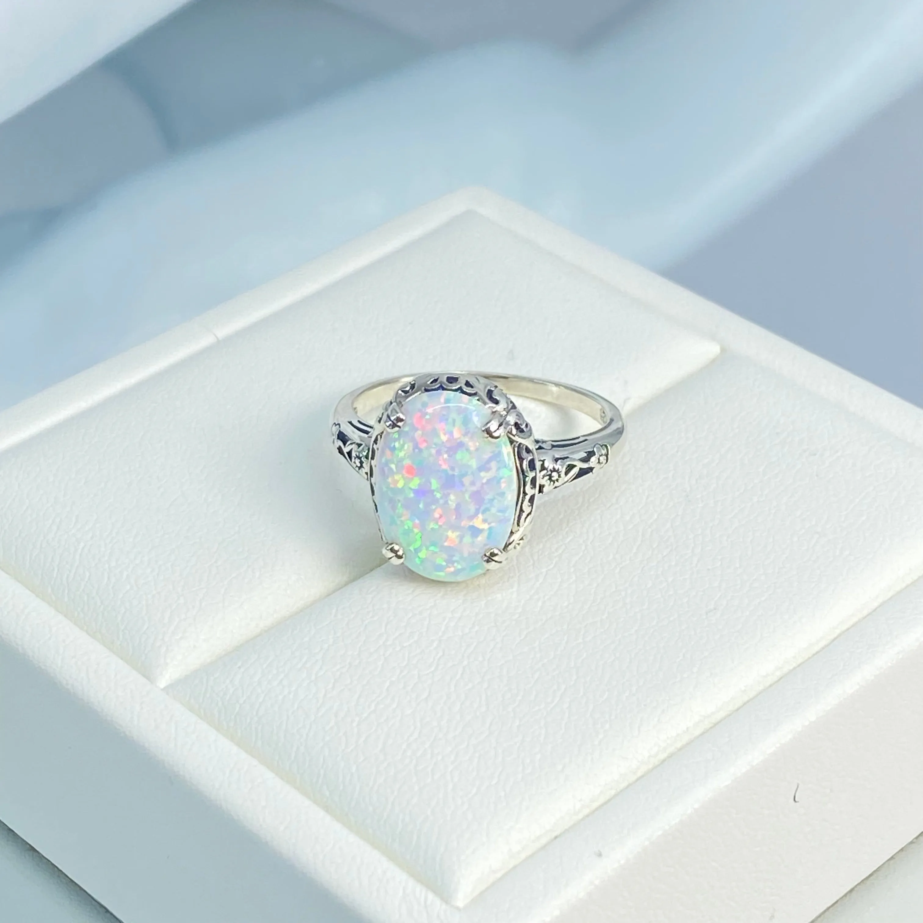 Rainbow White Opal Ring, Size 8, Revival Edwardian Jewelry #D70 - Ready to Ship