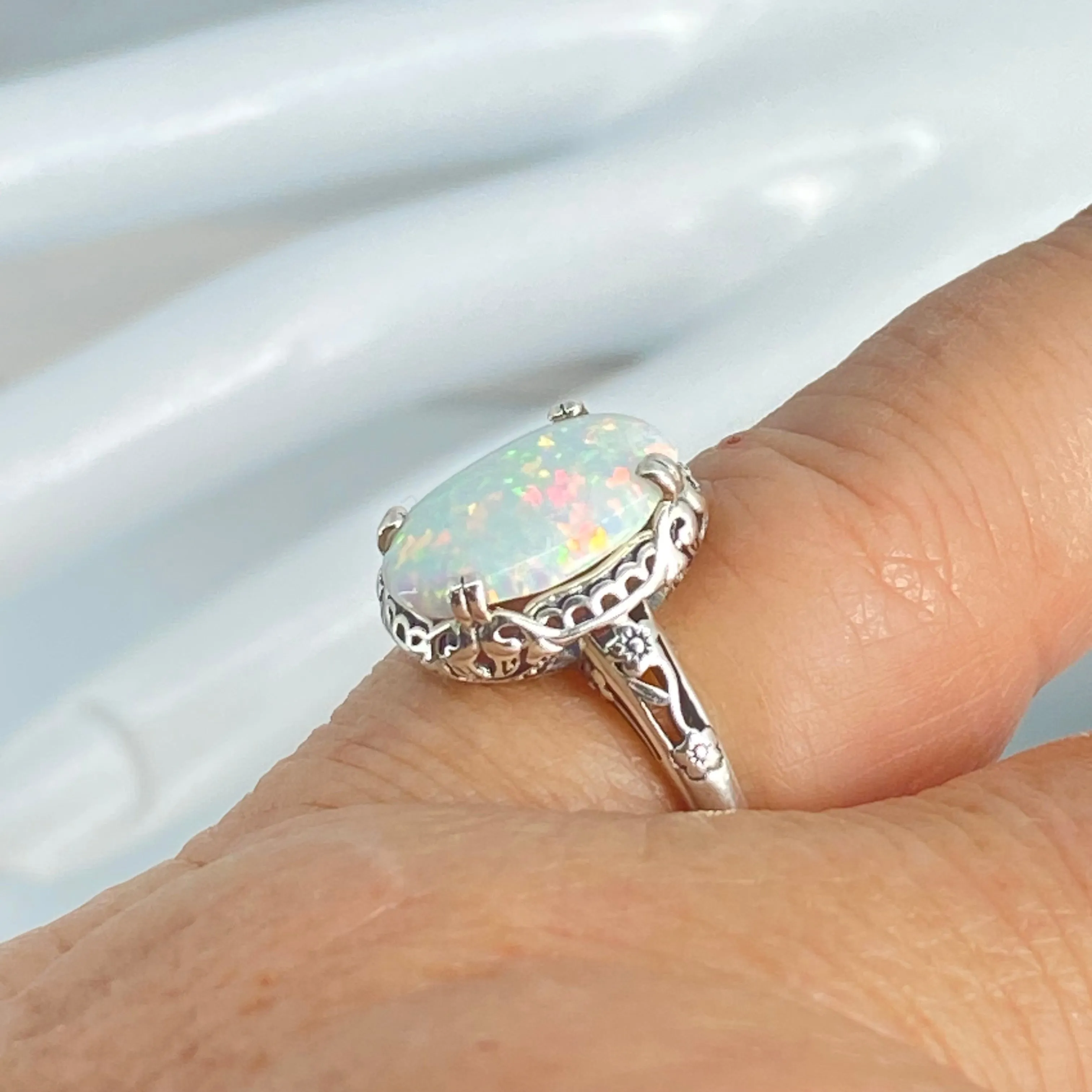 Rainbow White Opal Ring, Size 8, Revival Edwardian Jewelry #D70 - Ready to Ship