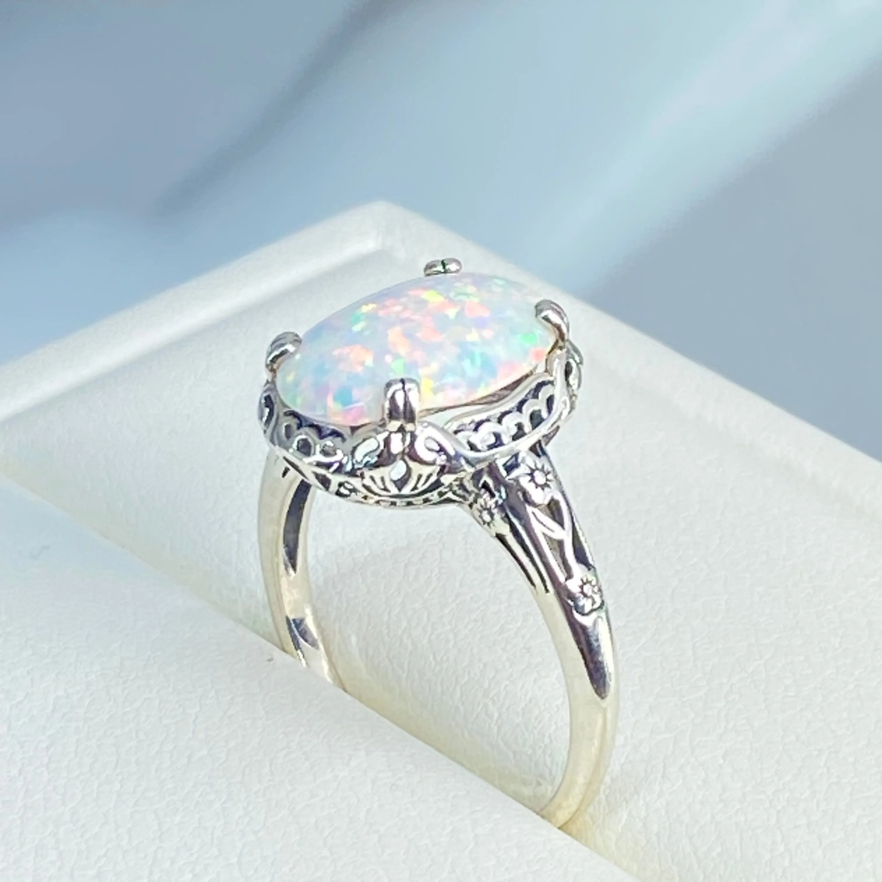 Rainbow White Opal Ring, Size 8, Revival Edwardian Jewelry #D70 - Ready to Ship