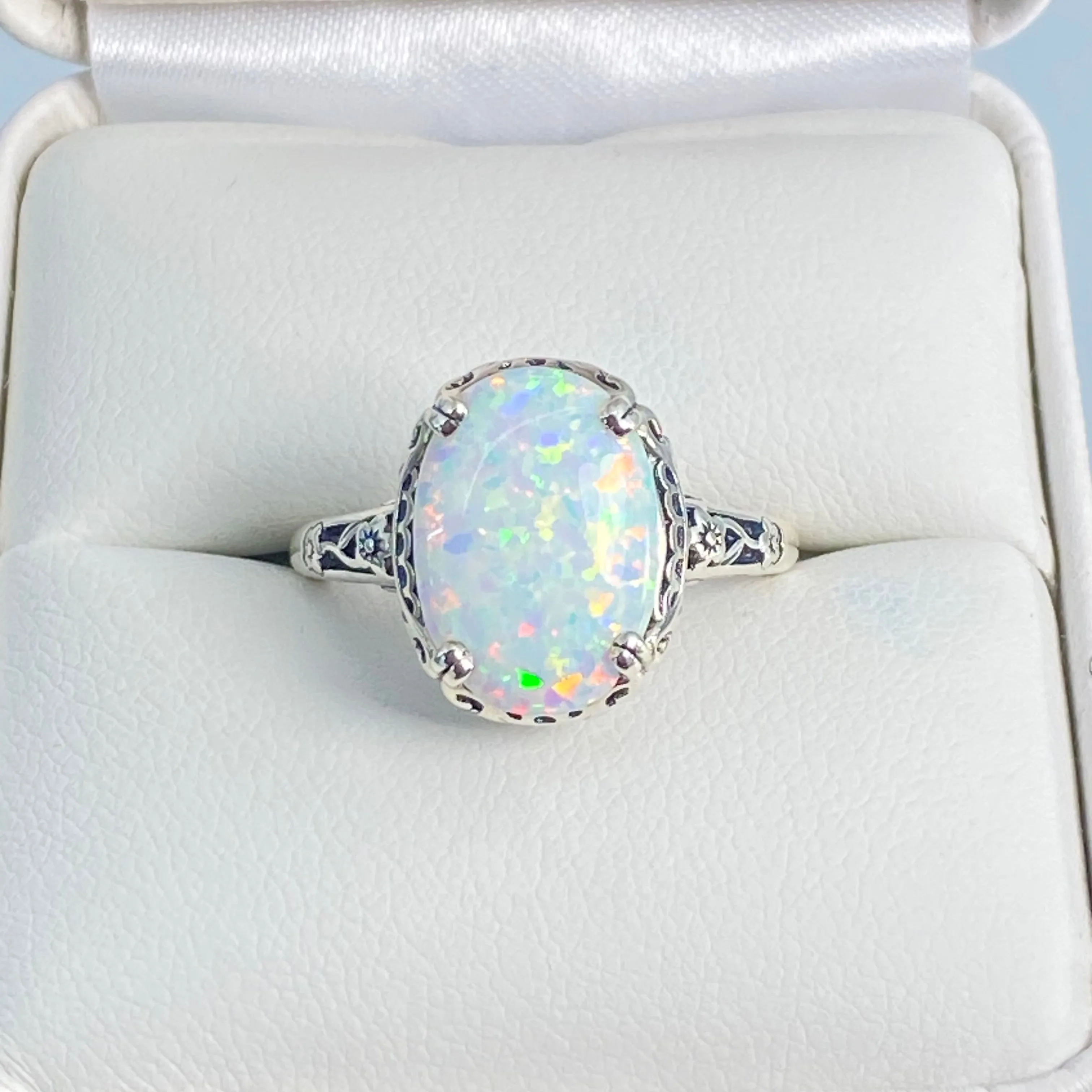 Rainbow White Opal Ring, Size 8, Revival Edwardian Jewelry #D70 - Ready to Ship