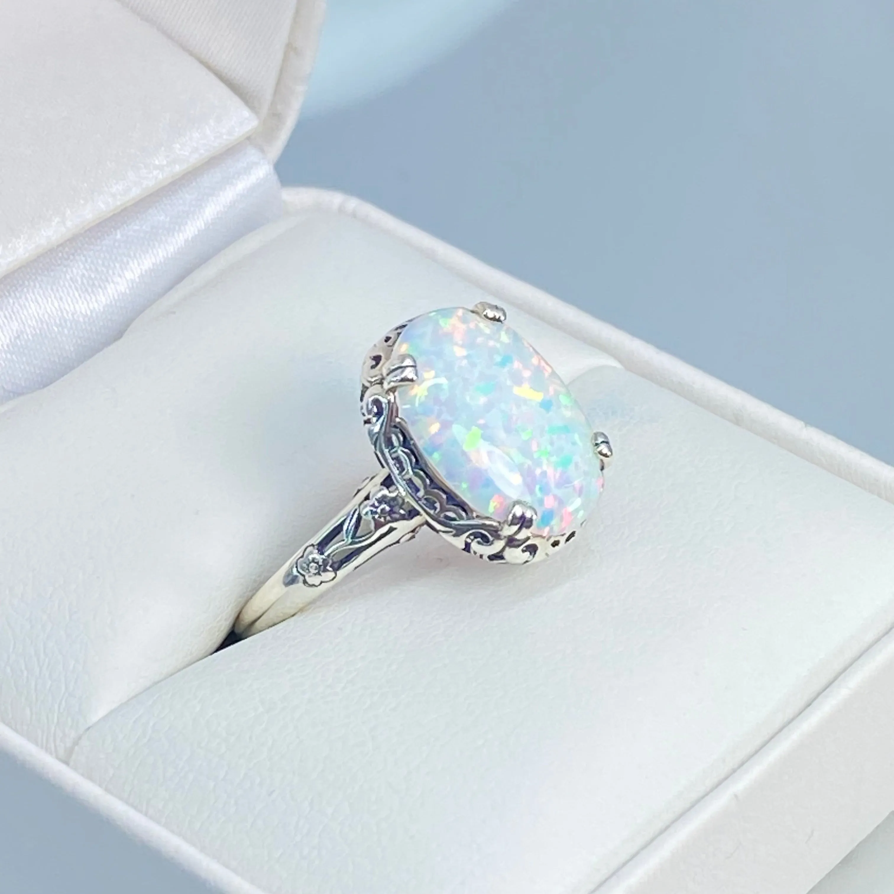 Rainbow White Opal Ring, Size 8, Revival Edwardian Jewelry #D70 - Ready to Ship