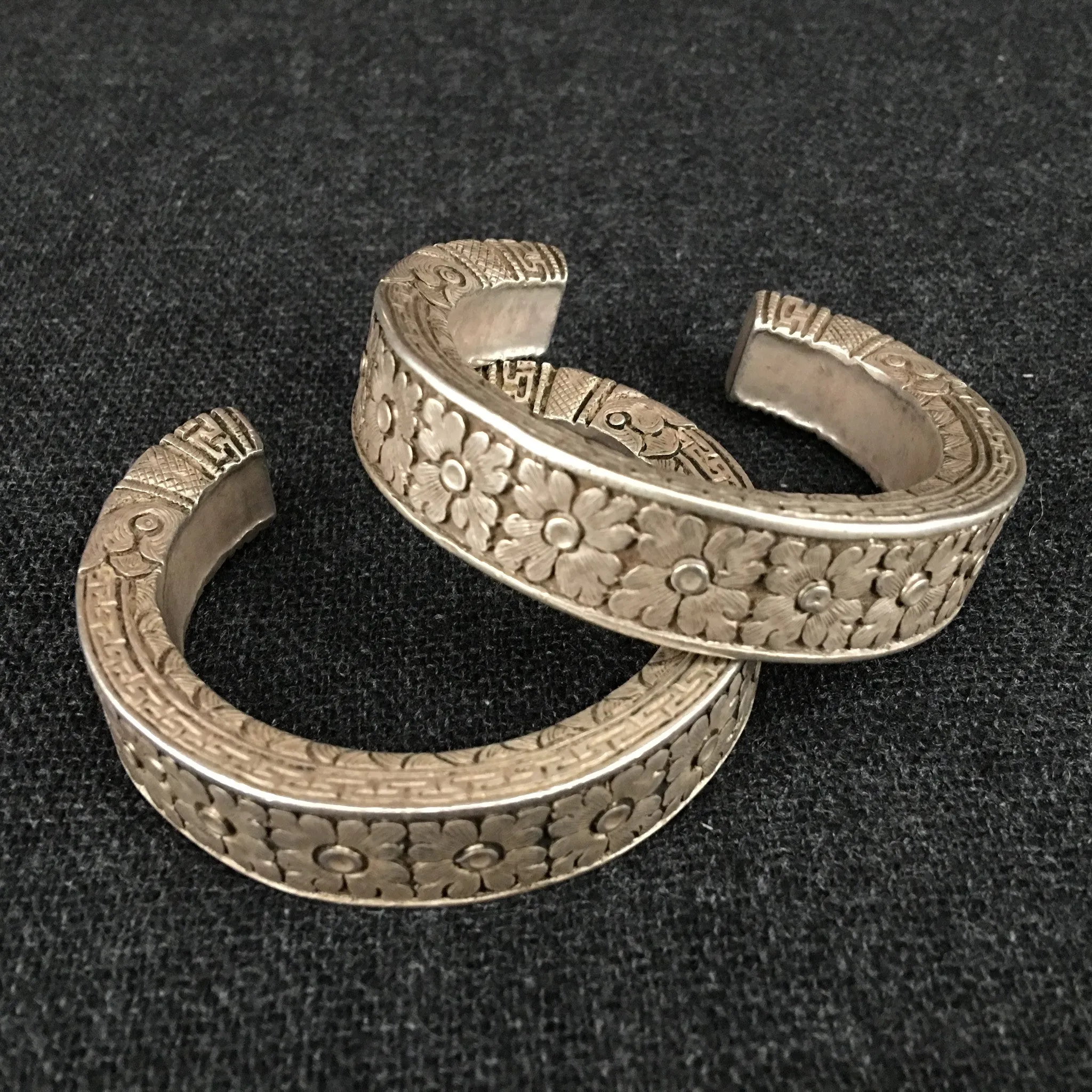 Rare Pair of Antique Tibetan Silver Bracelets
