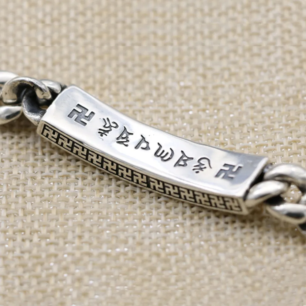 Real Solid 925 Sterling Silver Bracelet Cuban Link Chain Vajra Lection Luck Jewelry