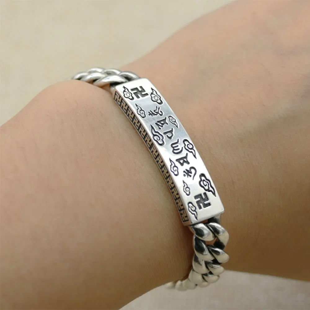 Real Solid 925 Sterling Silver Bracelet Cuban Link Chain Vajra Lection Luck Jewelry