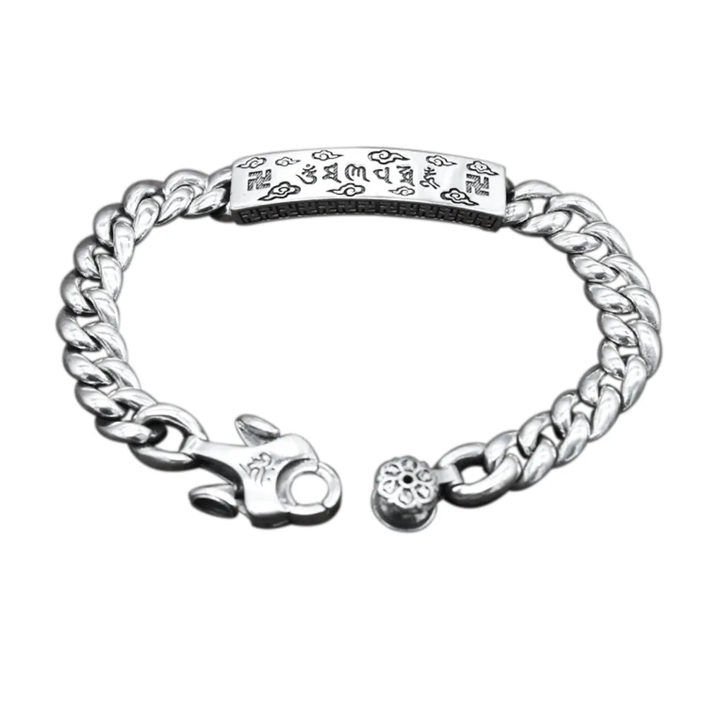 Real Solid 925 Sterling Silver Bracelet Cuban Link Chain Vajra Lection Luck Jewelry