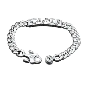 Real Solid 925 Sterling Silver Bracelet Cuban Link Chain Vajra Lection Luck Jewelry