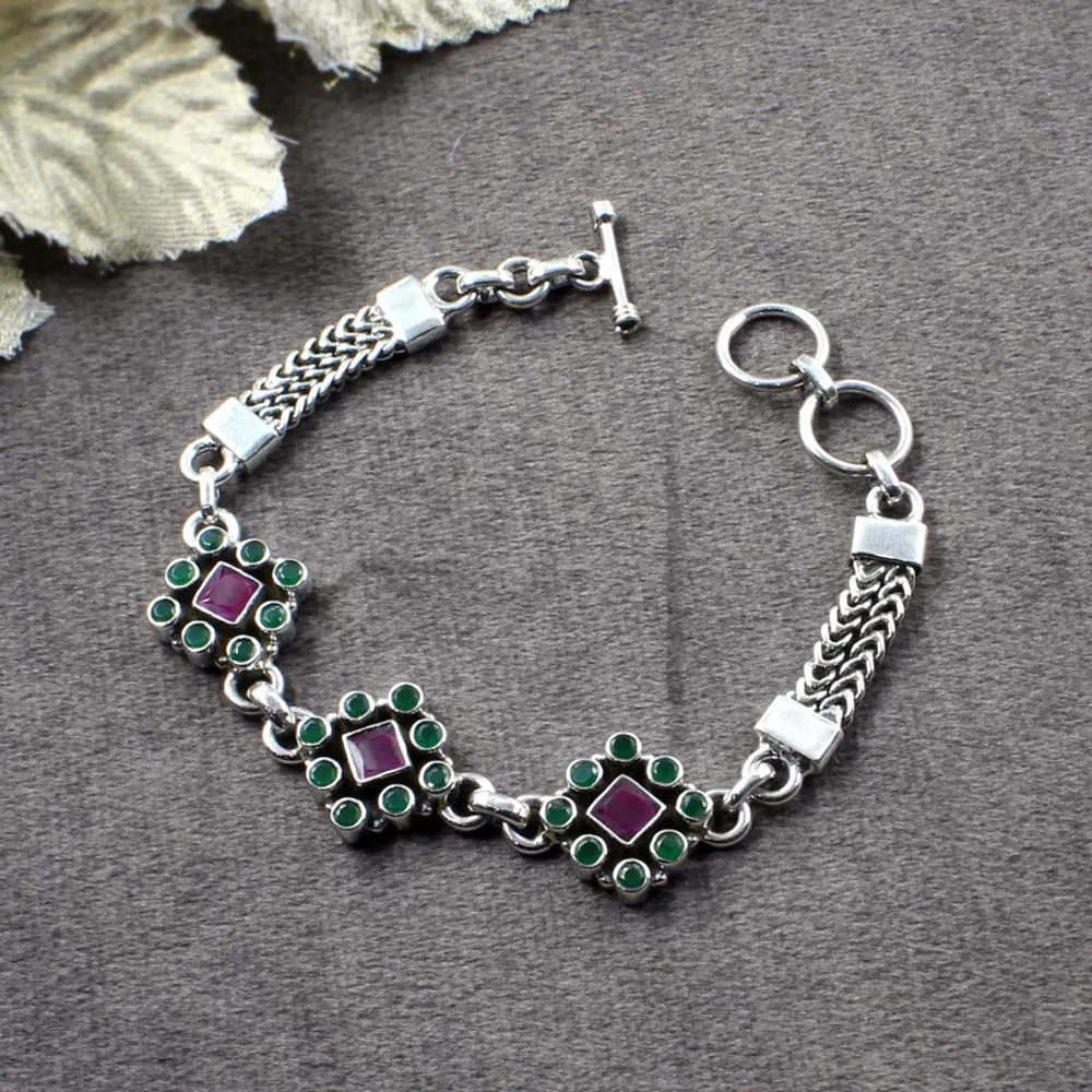 Real Sterling Silver Fabulous Cut Stone Oxidized Bracelet Gift For Girls Women