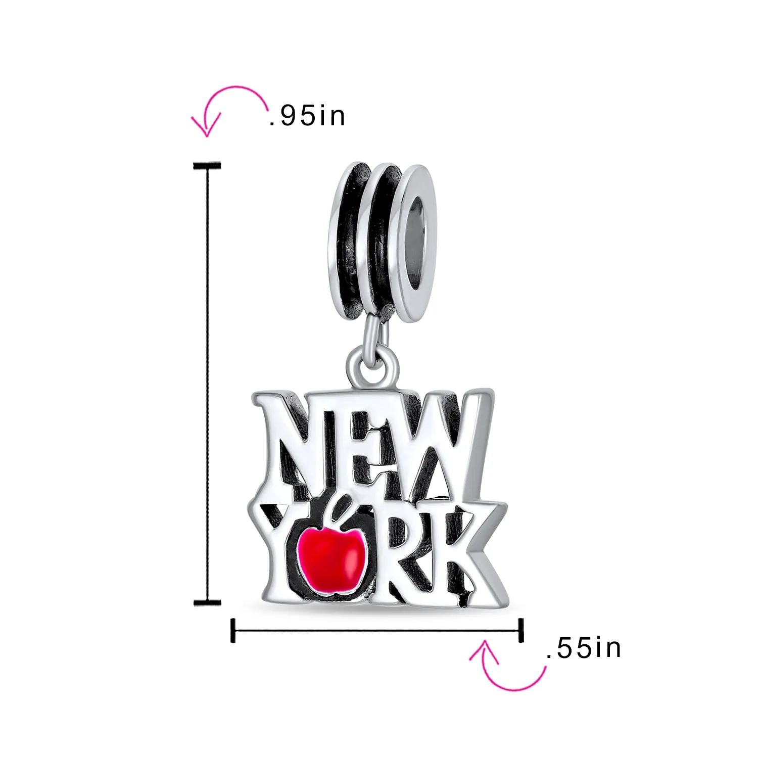 Red Big Apple I Love New York Dangle Charm Bead Enamel Silver for Bracelet
