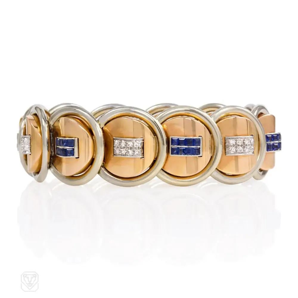 Retro gold, sapphire and diamond disk bracelet