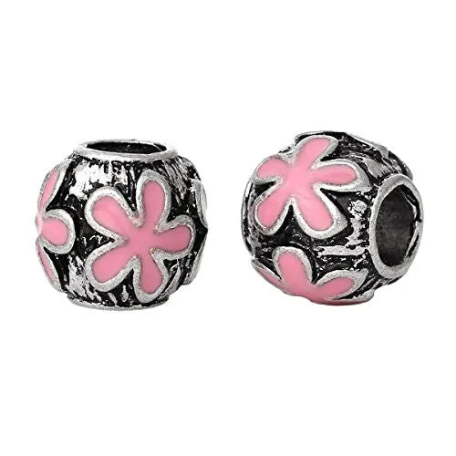 Round Flower Pattern Enamel Pink Charm Bead