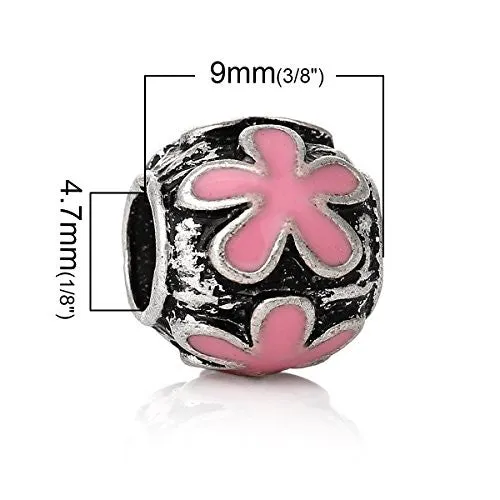 Round Flower Pattern Enamel Pink Charm Bead