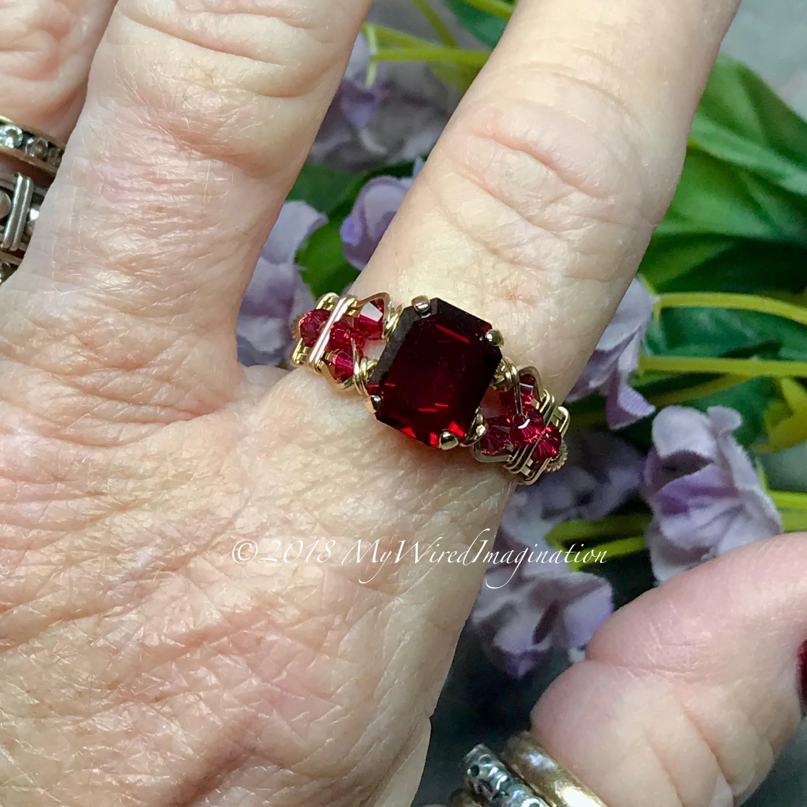 Ruby Red Octagon, Vintage Swarovski Crystal, Handmade Ring, July Birthstone, GF US Size 7.5