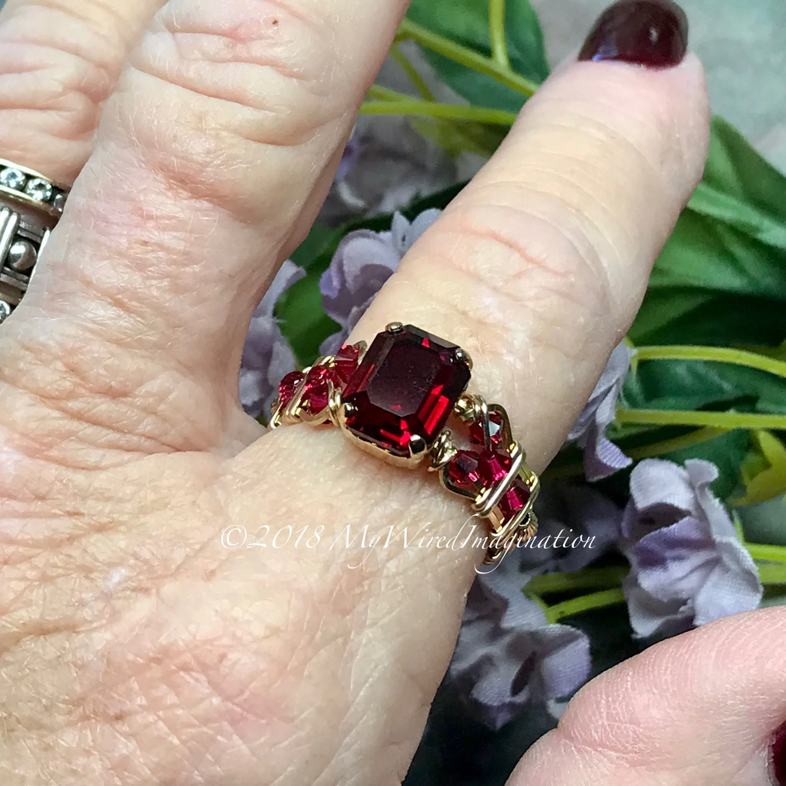 Ruby Red Octagon, Vintage Swarovski Crystal, Handmade Ring, July Birthstone, GF US Size 7.5