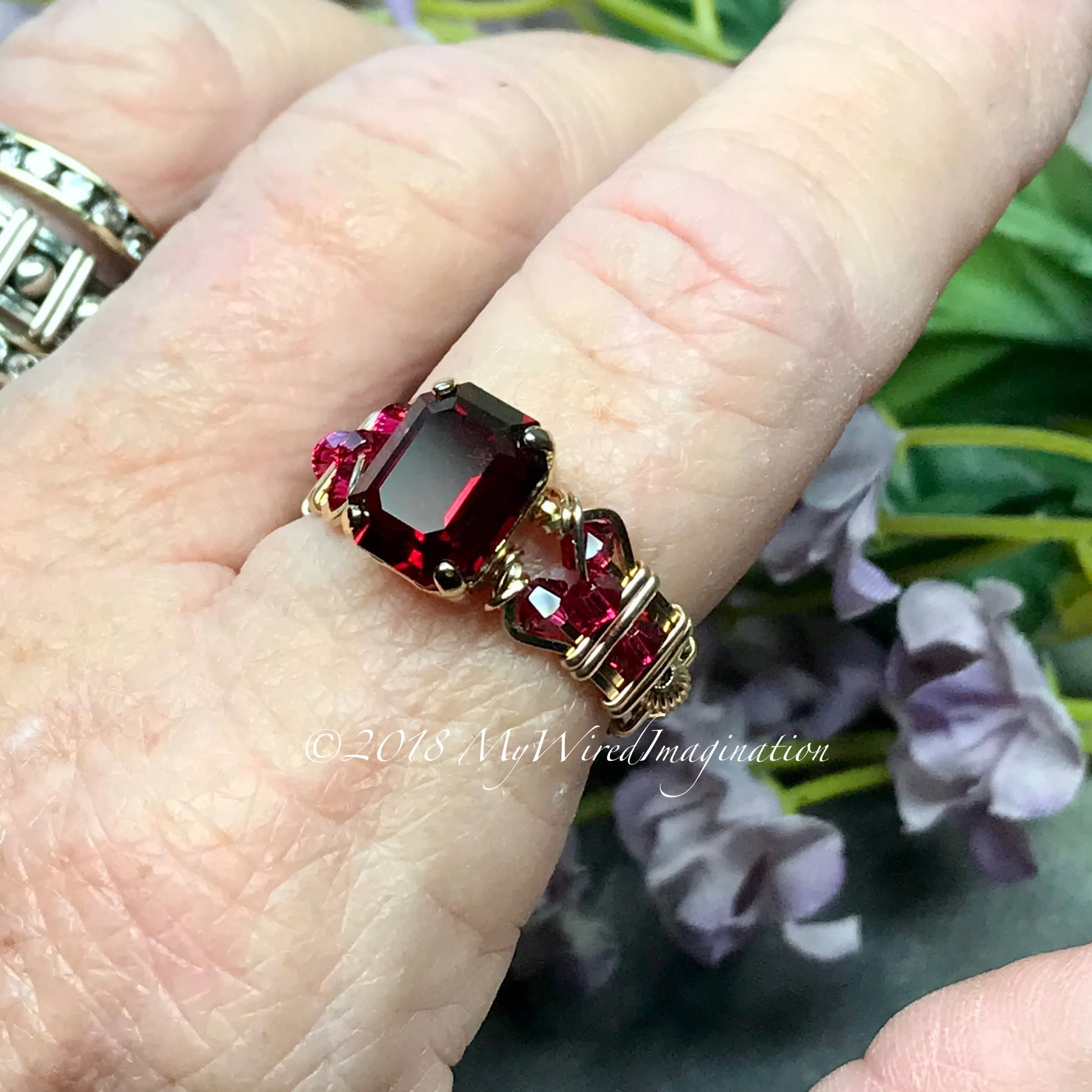 Ruby Red Octagon, Vintage Swarovski Crystal, Handmade Ring, July Birthstone, GF US Size 7.5
