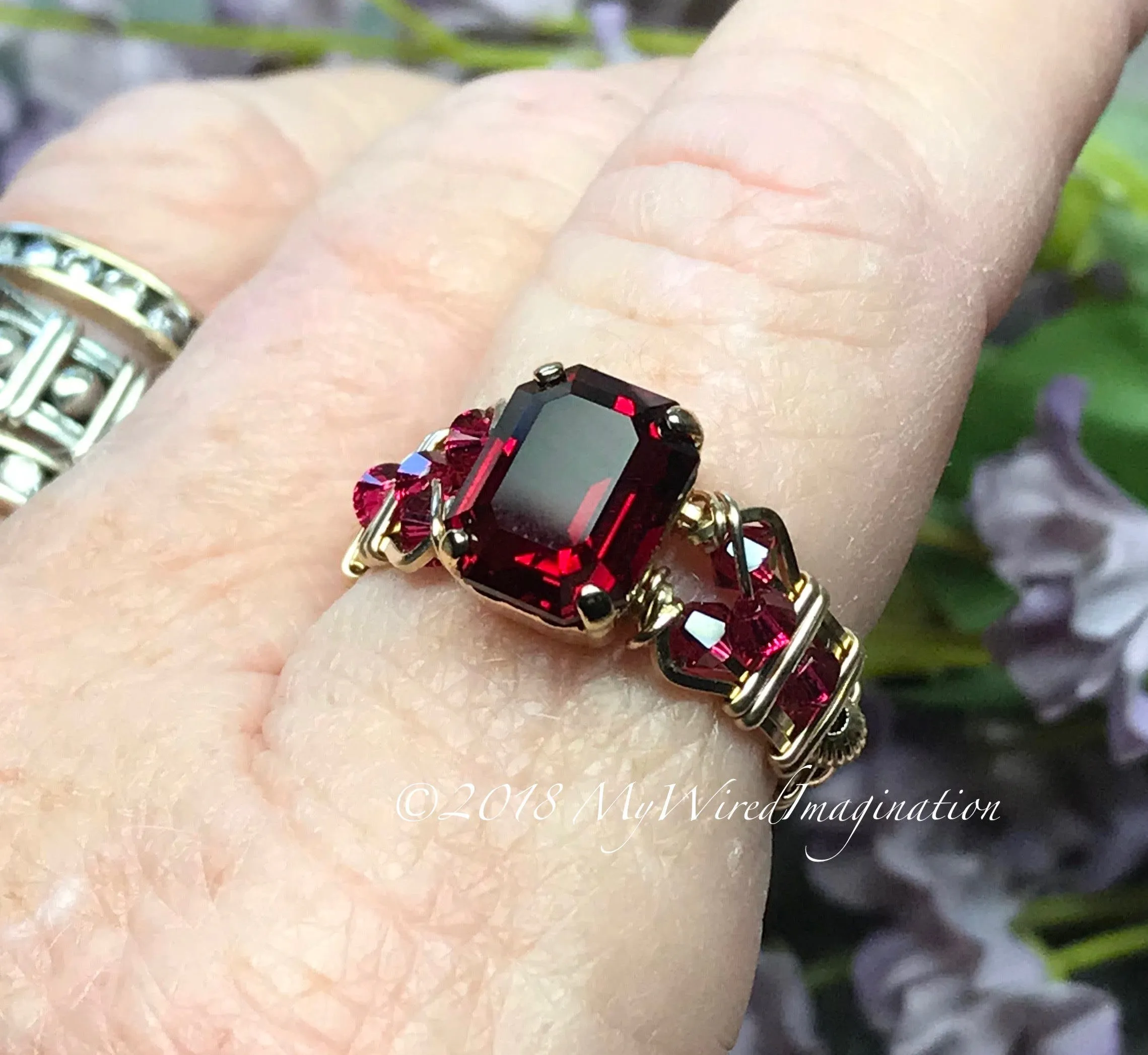 Ruby Red Octagon, Vintage Swarovski Crystal, Handmade Ring, July Birthstone, GF US Size 7.5