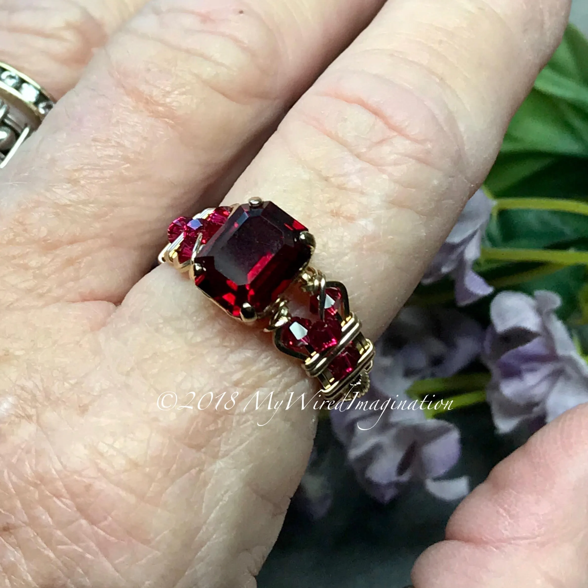 Ruby Red Octagon, Vintage Swarovski Crystal, Handmade Ring, July Birthstone, GF US Size 7.5
