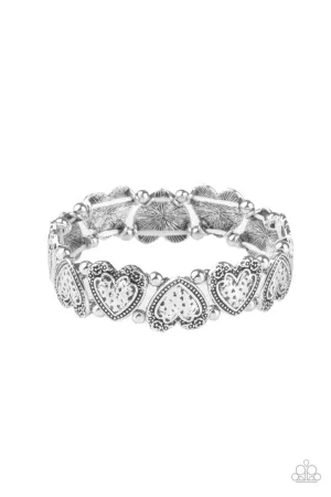 Rustic Heartthrob - Silver - Flower Accented Hammered Heart Paparazzi Stretchy Bracelet