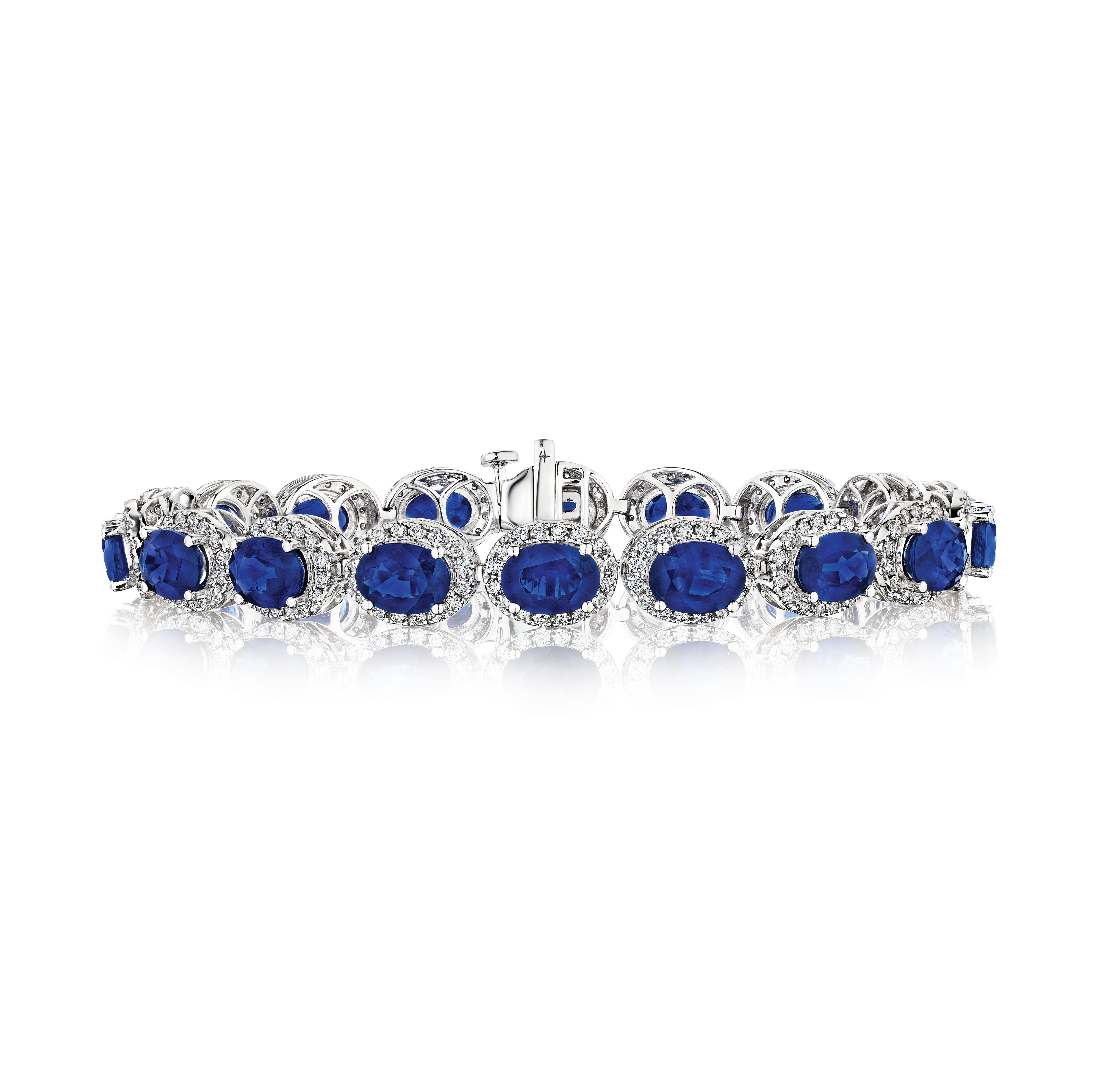 Sabel Collection White Gold Oval Blue Sapphire and Diamond Halo Bracelet