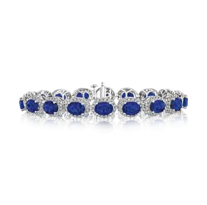 Sabel Collection White Gold Oval Blue Sapphire and Diamond Halo Bracelet
