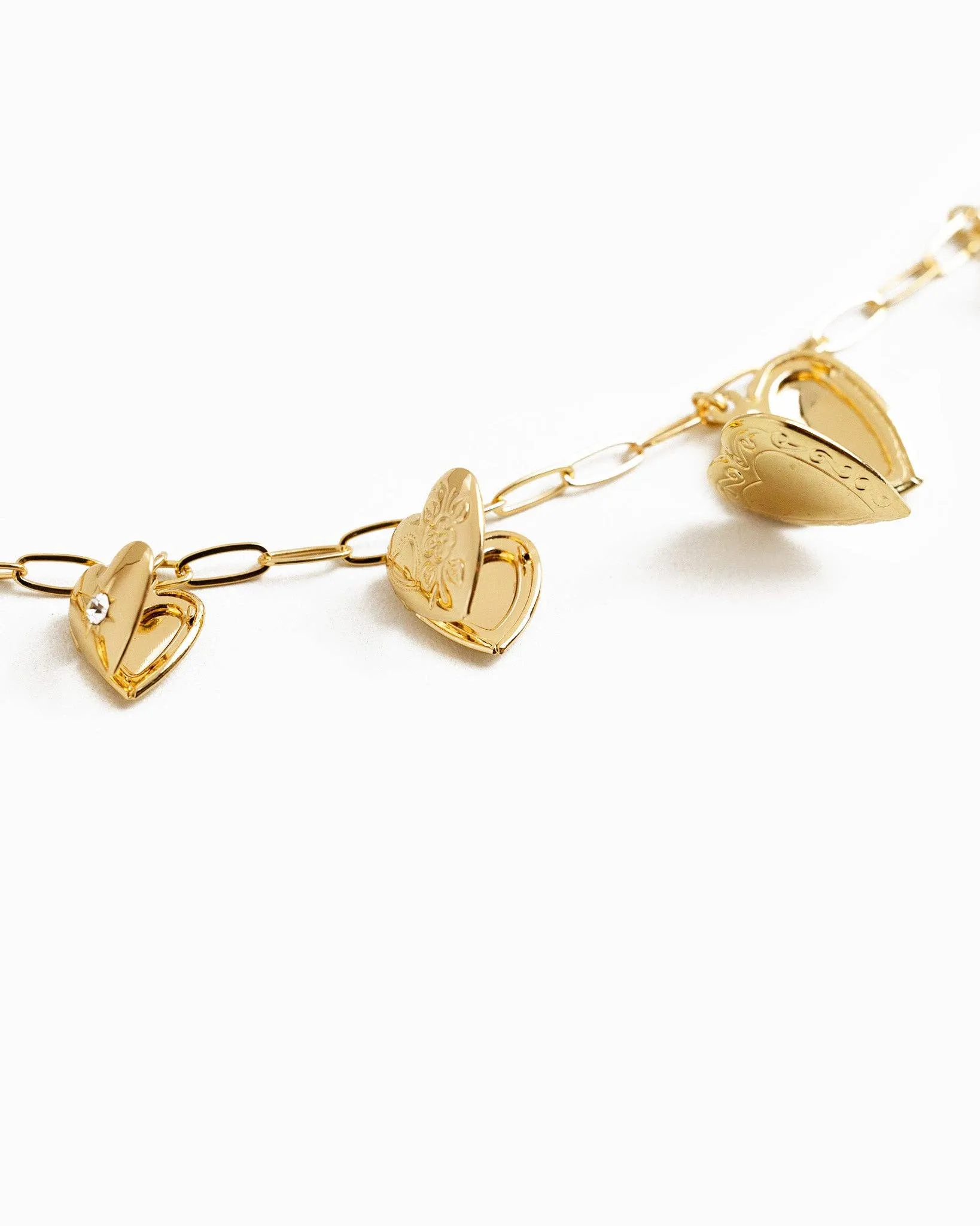 Seven Heart Locket Charm Necklace: Gold