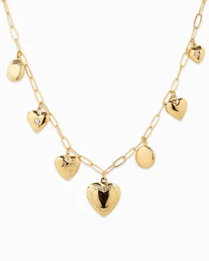 Seven Heart Locket Charm Necklace: Gold