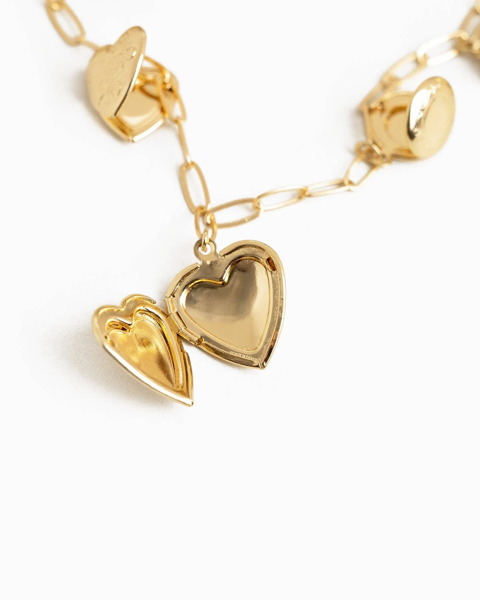 Seven Heart Locket Charm Necklace: Gold