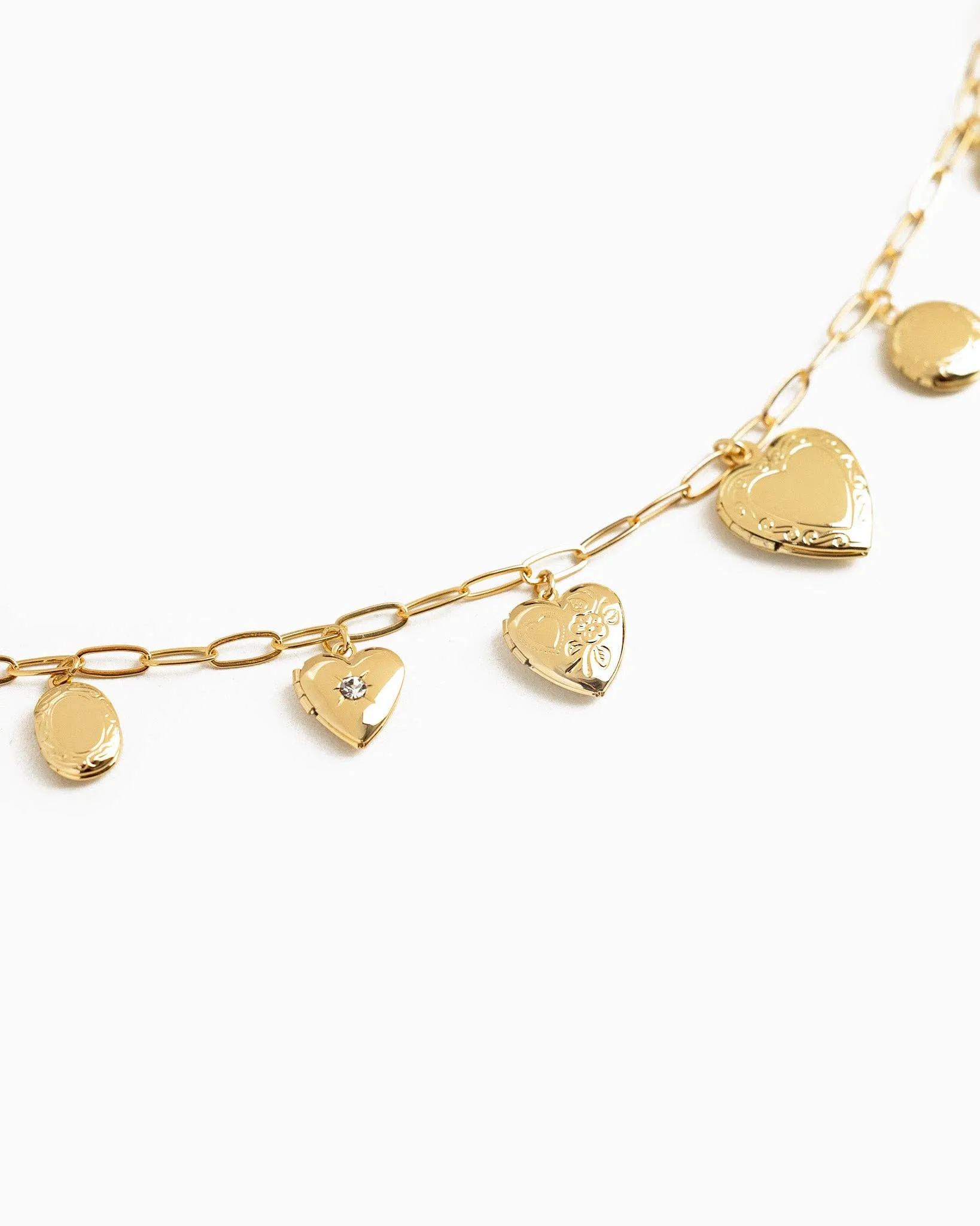 Seven Heart Locket Charm Necklace: Gold