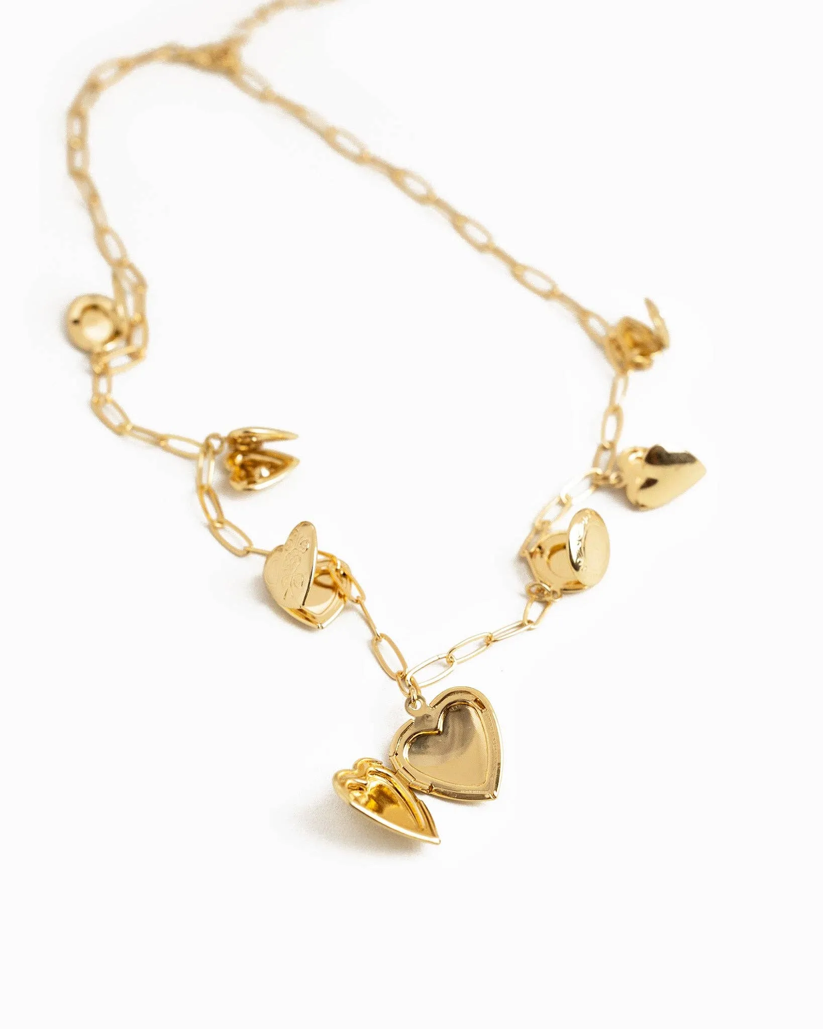 Seven Heart Locket Charm Necklace: Gold