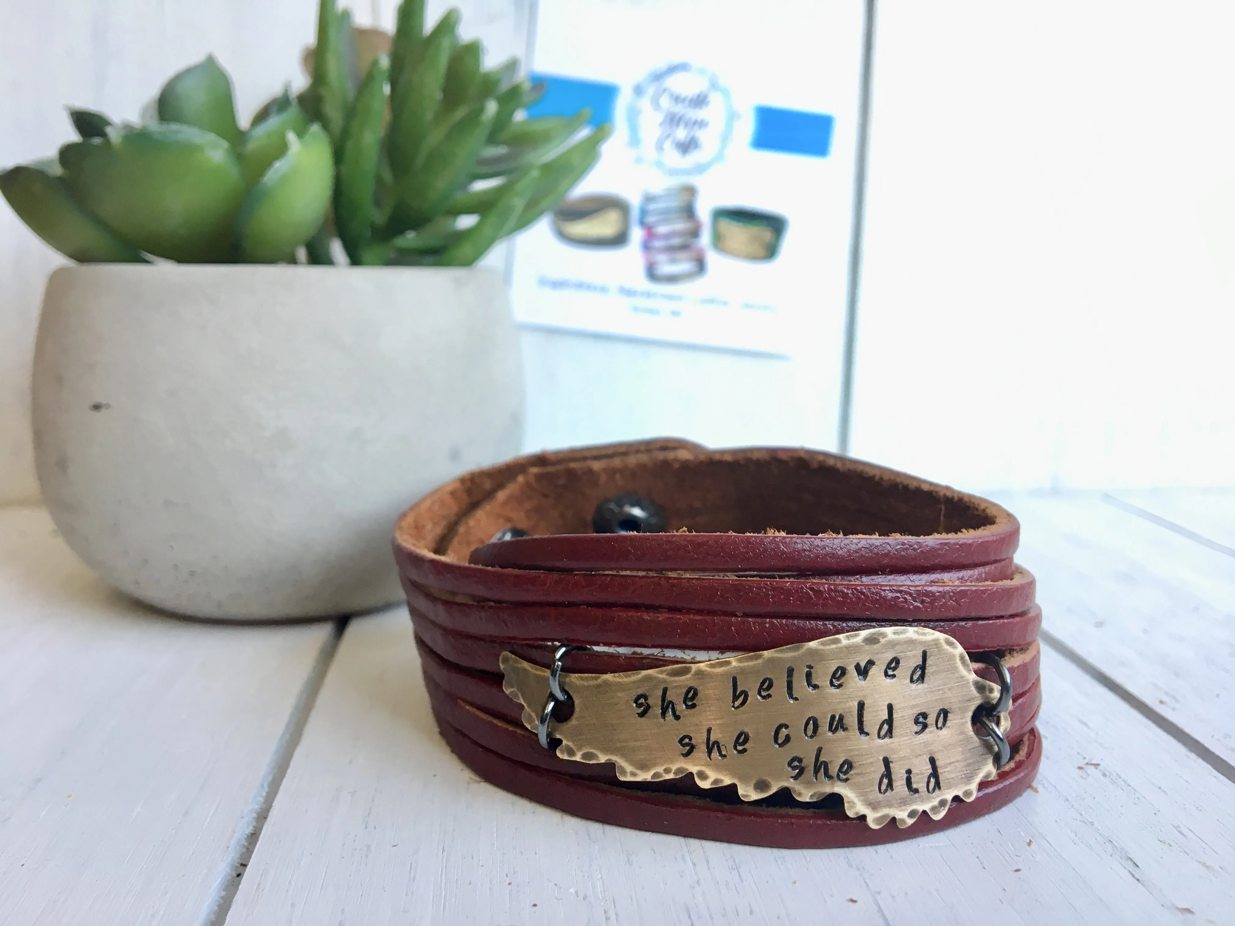 She Believed She Could Leather Wrap & Wing Bracelet, adjustable, Choose Your Color