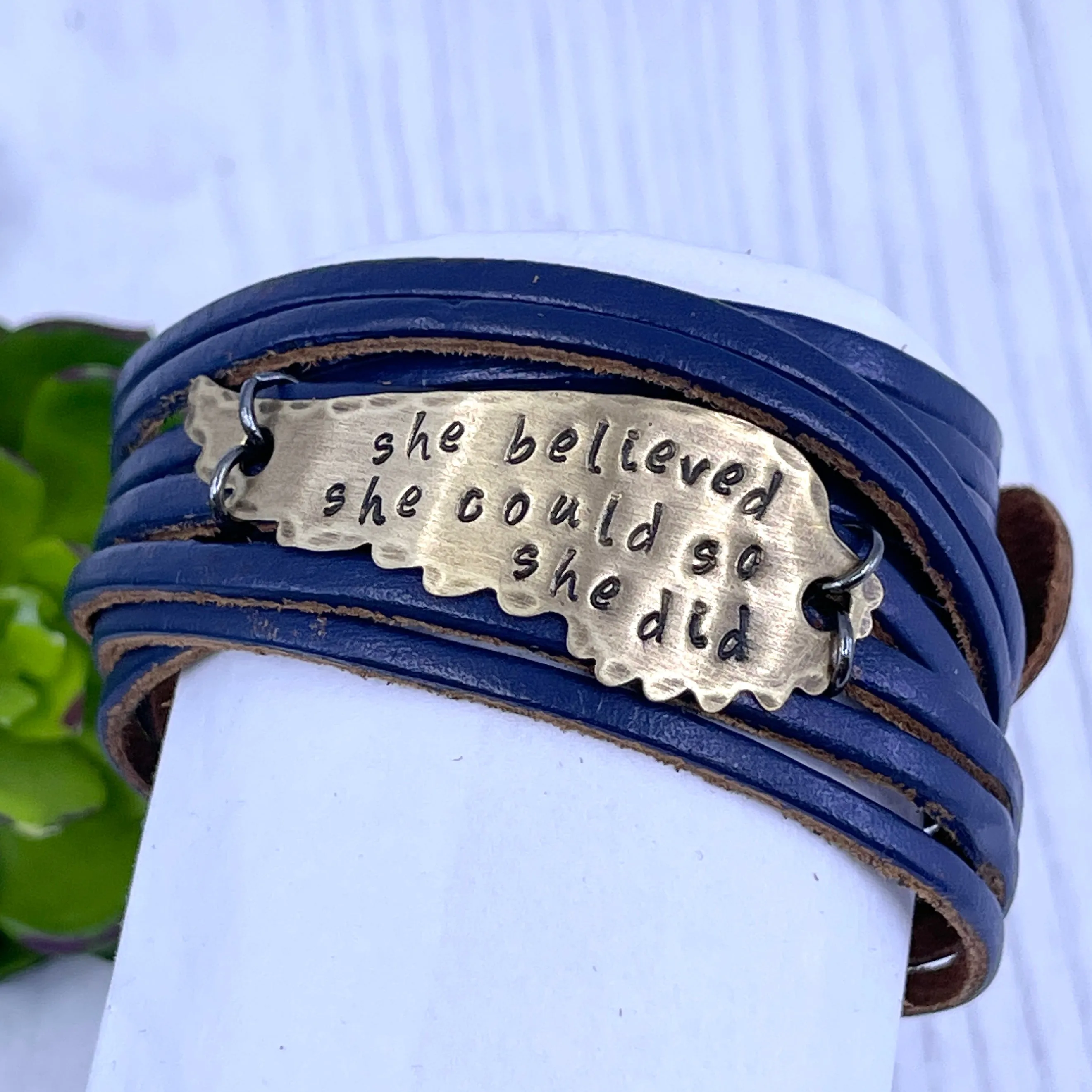 She Believed She Could Leather Wrap & Wing Bracelet, adjustable, Choose Your Color