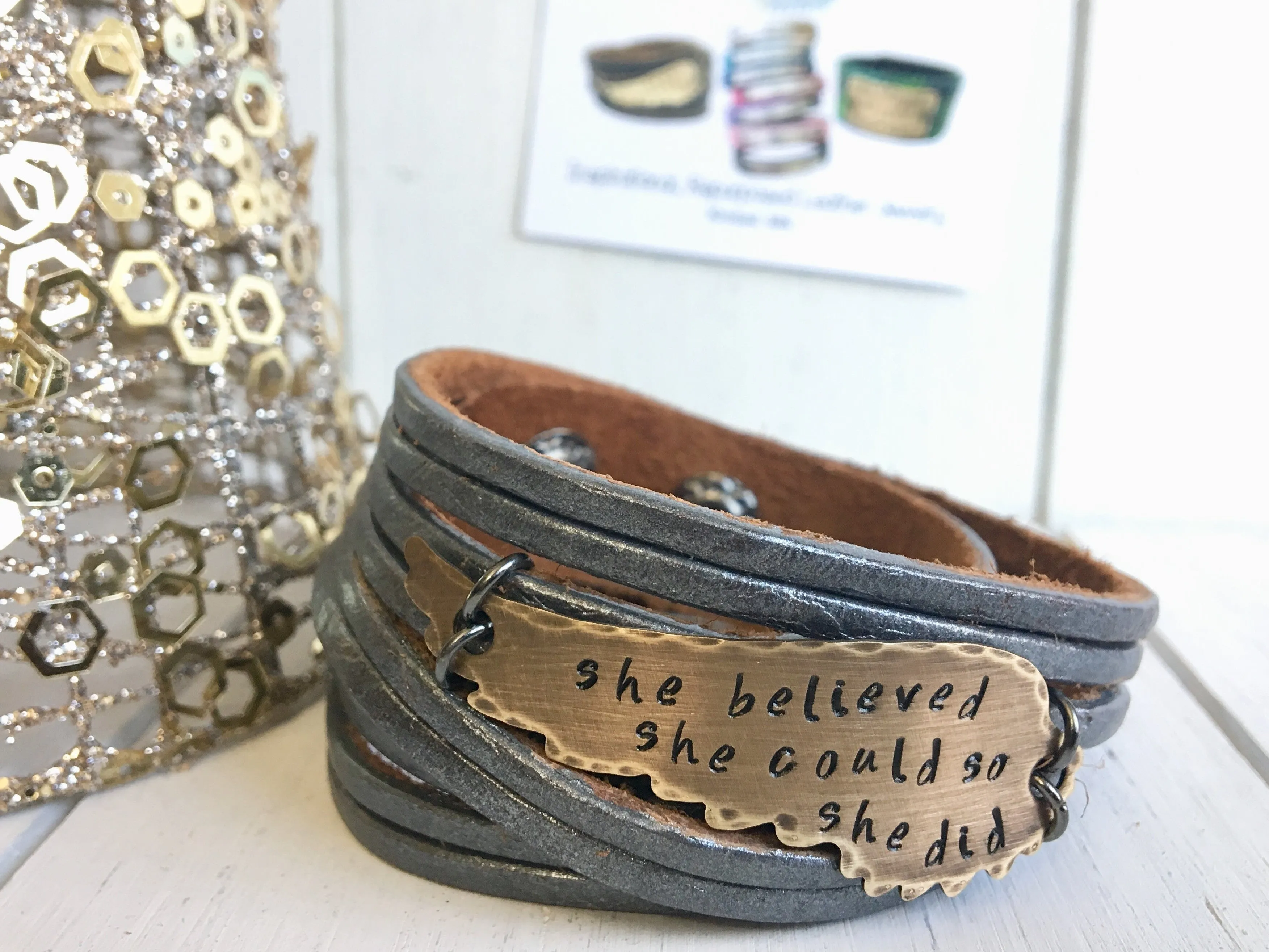 She Believed She Could Leather Wrap & Wing Bracelet, adjustable, Choose Your Color