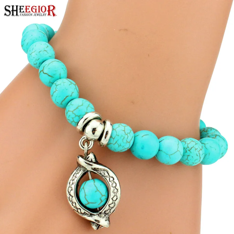 SHEEGIOR Boho Vintage Turquoises Bracelets for Women Men Cross Tree Snake Owl Hand Pendant Charm Bracelet Bangle Fashion Jewelry