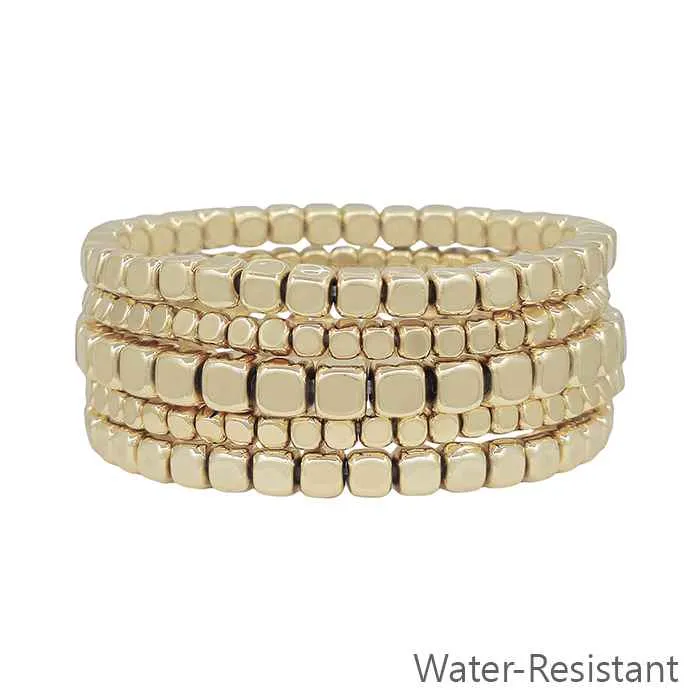 Shiny Gold Square Beaded Stretch Bracelet Set