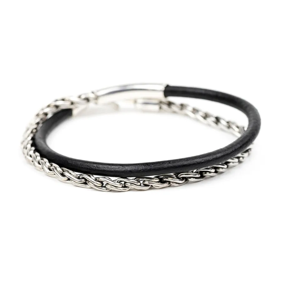 Silver Chain and Leather Bracelet