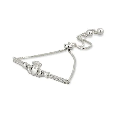 Silver Cubic Zirconia Claddagh Draw String Bracelet.